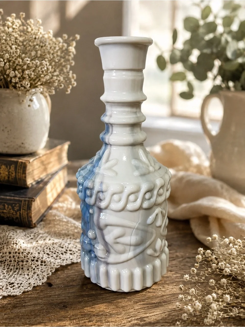 Vintage Blue Slag Glass Liquor Decanter | Cottagecore French Country Bar Decor